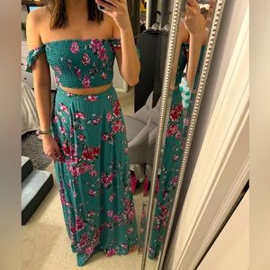 Lulus green floral two-piece maxi dress, XS, NWT